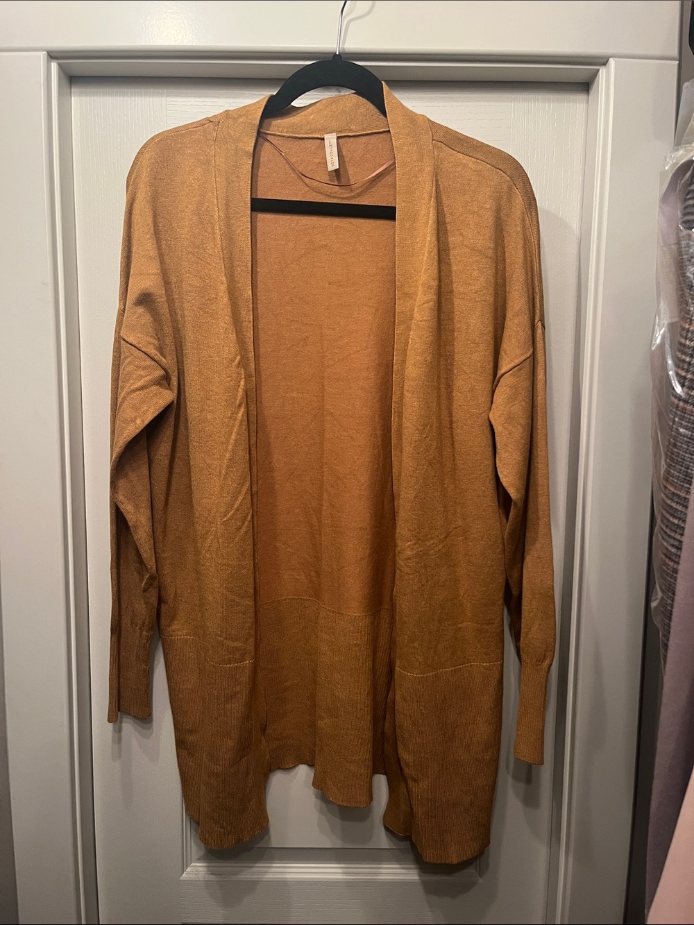 Open-Front Women's Longline Cardigan Sweater in Camel